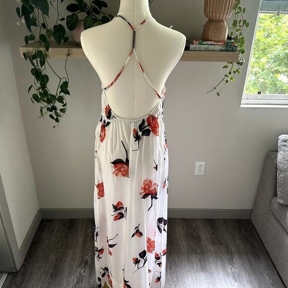 Volcom Floral Halter Maxi Dress XS White Orange Backless Boho, Resort, Beach - Picture 2 of 9